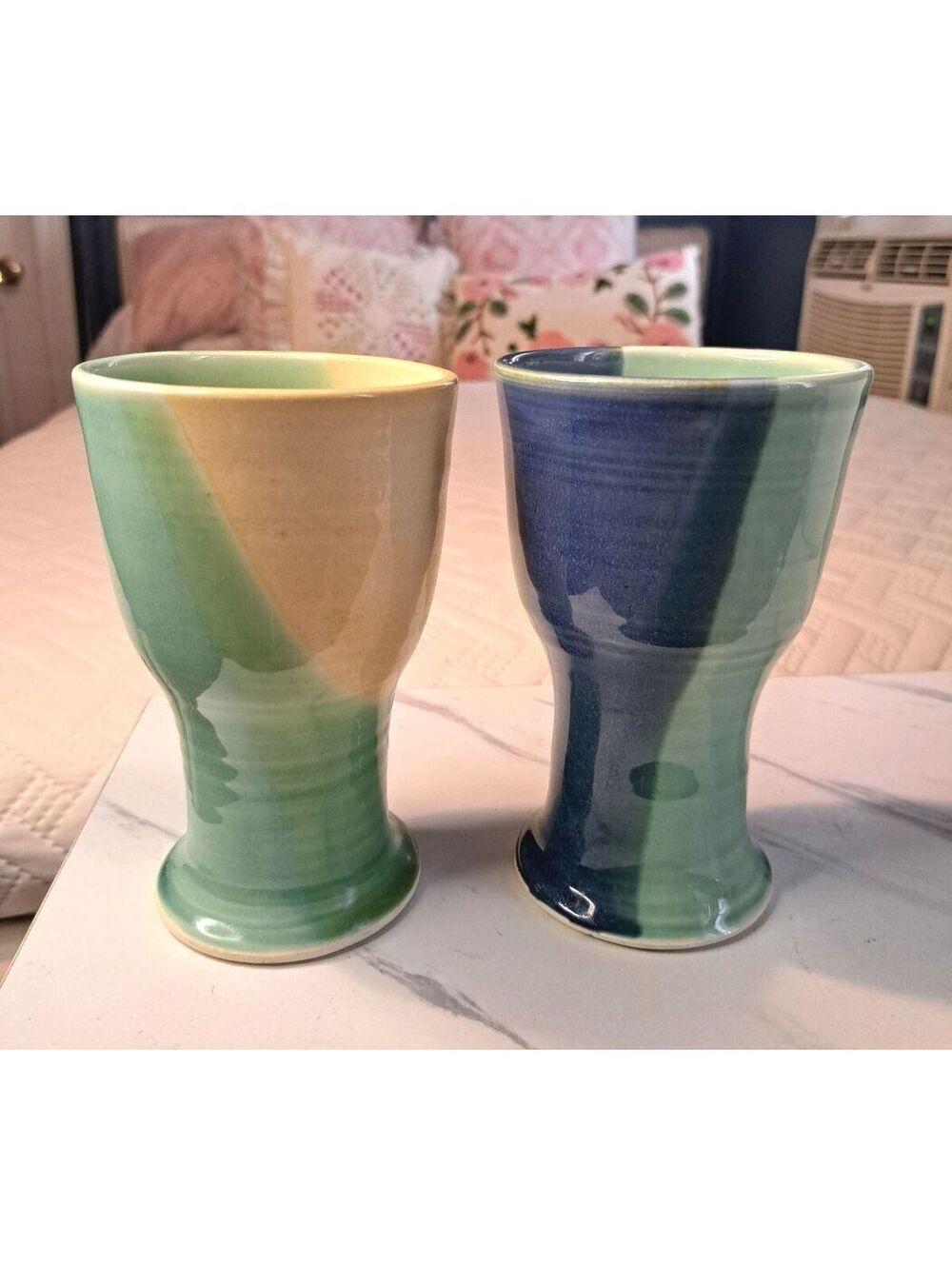 Vintage Set of 2 Hand-thrown M Sherman Stoneware Footed Tumblers/Goblets 6"
